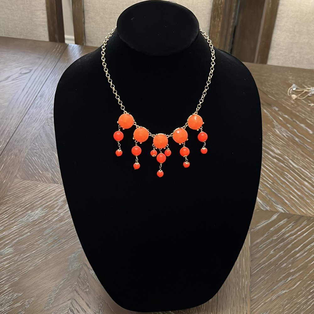 J.Crew bright orange beads with gold tone  statement necklace 9.5”